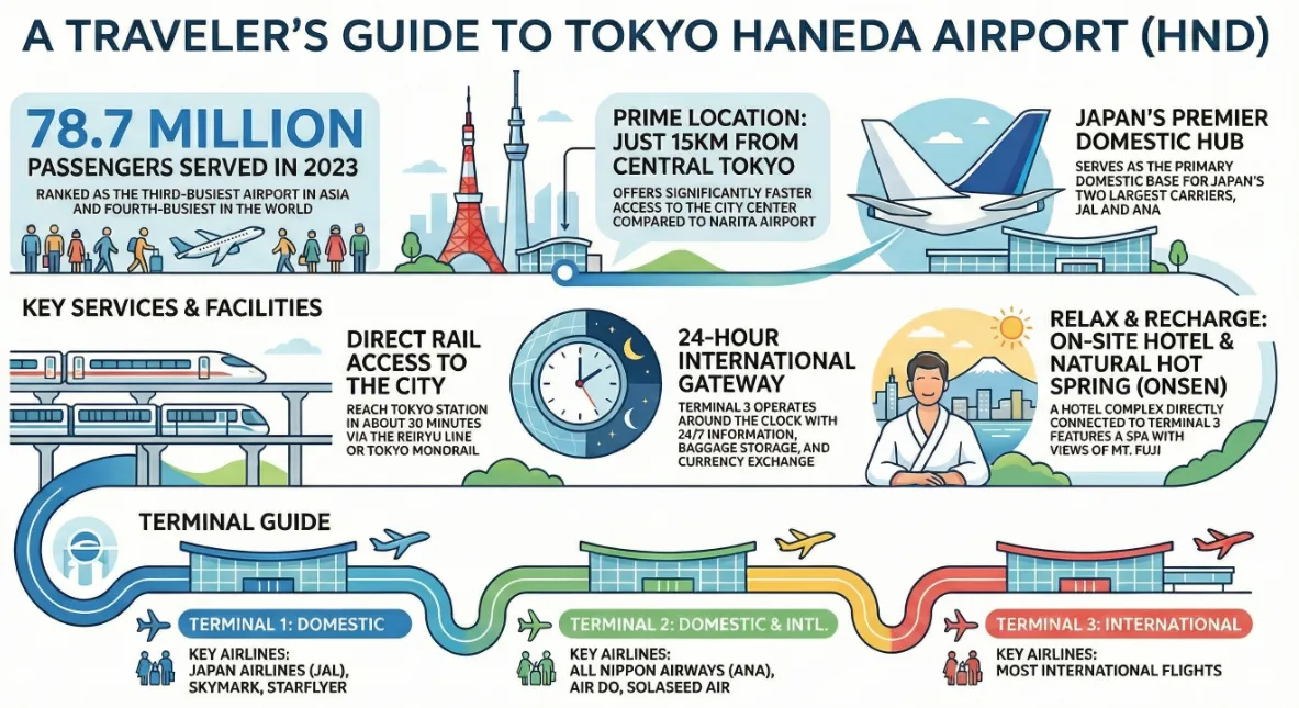 Complete visual guide to Haneda Airport Tokyo showing terminals, services, and key facilities