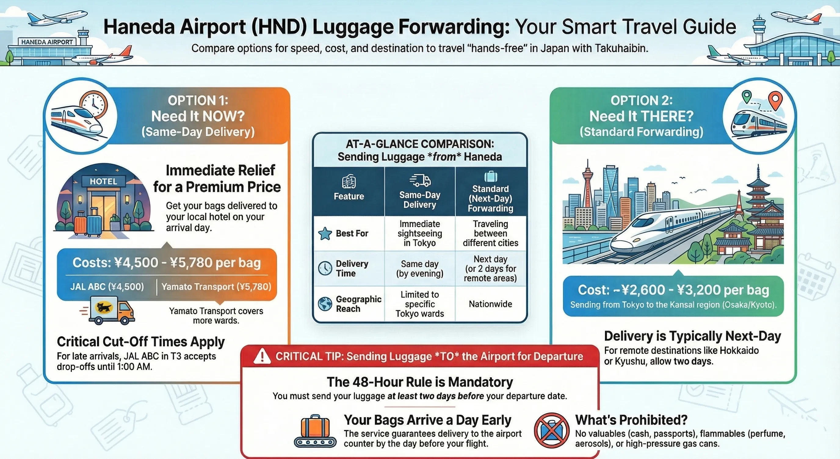 Haneda Airport luggage forwarding comparison showing same-day delivery versus standard forwarding with costs, cut-off times, and delivery options