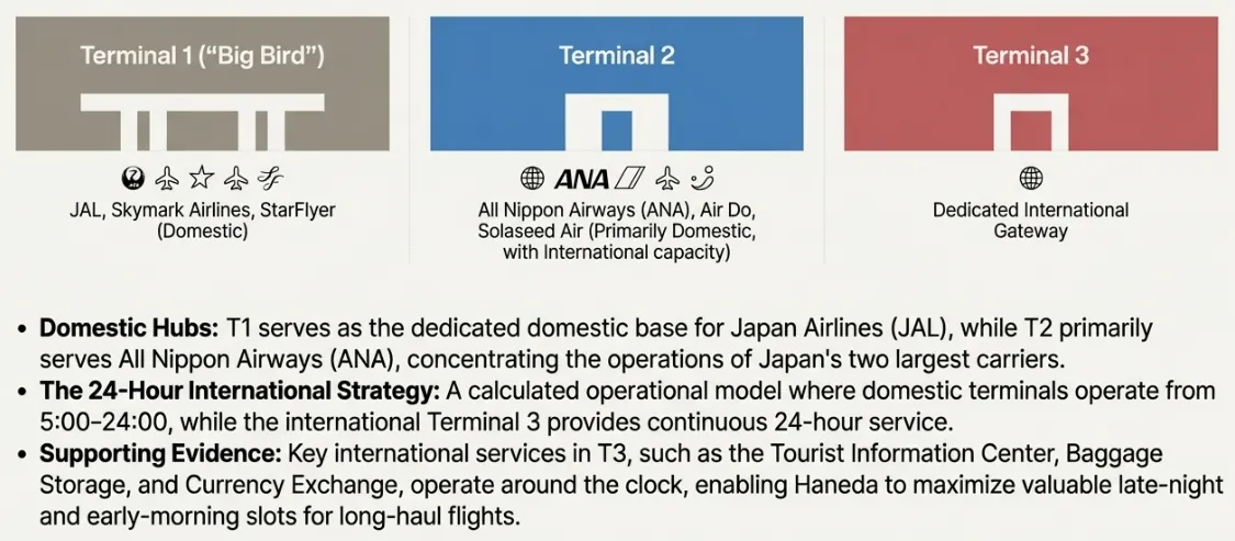 Haneda Airport HND terminal overview showing domestic and international facilities