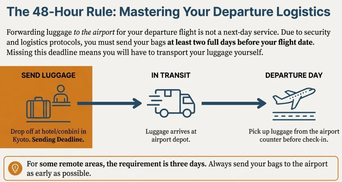 Japan airport luggage forwarding 48-hour rule showing timeline from hotel to airport depot to departure pickup