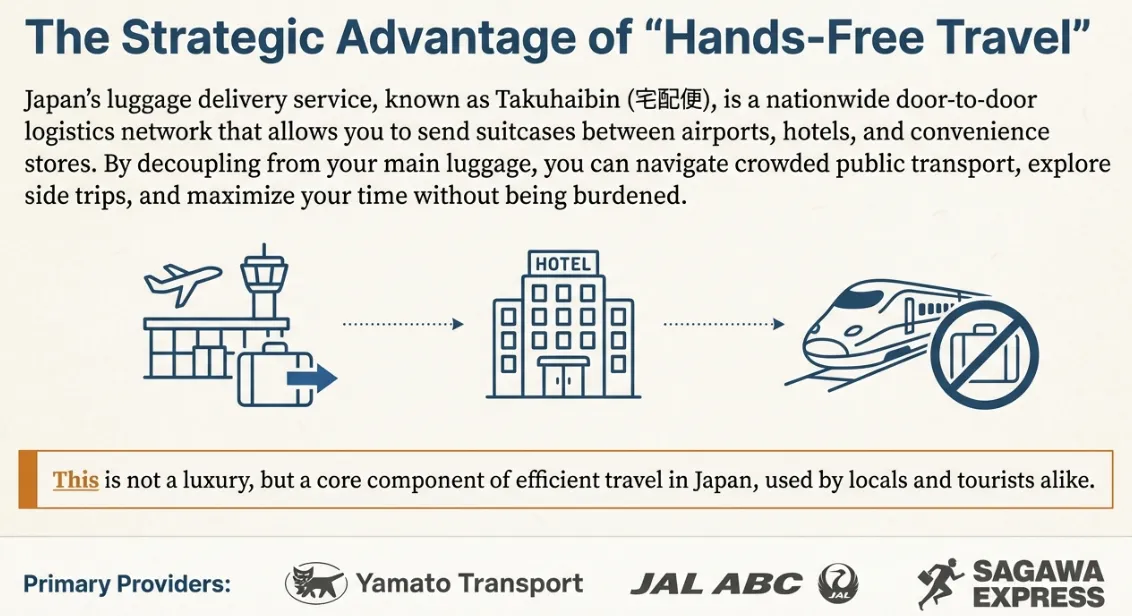 Japan hands-free travel luggage forwarding infographic showing airport to hotel door-to-door suitcase delivery service