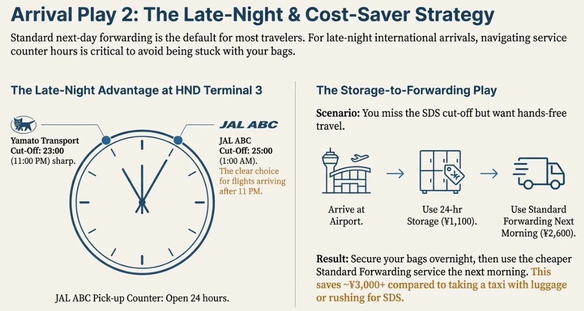 Haneda Airport late-night luggage forwarding strategy showing Yamato and JAL ABC cut-off times and storage options