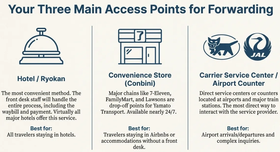 Japan luggage forwarding access points showing hotel front desks, convenience stores, and airport service centers