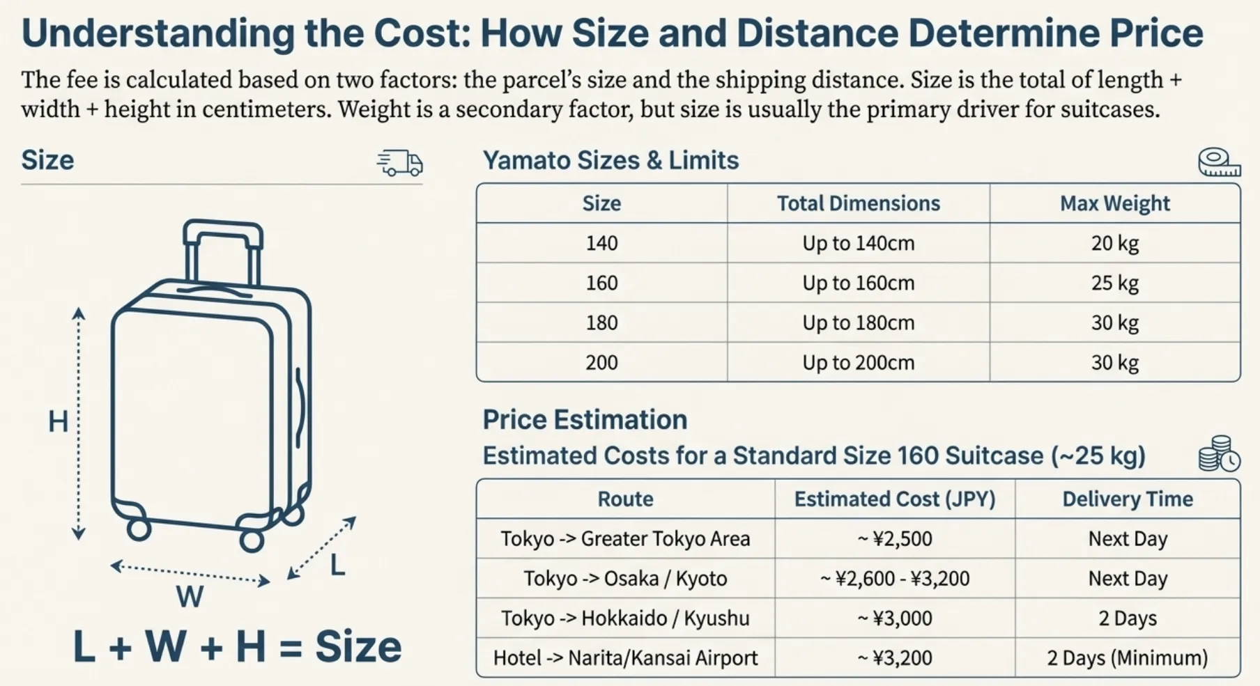Japan luggage forwarding cost chart showing Yamato size limits, estimated prices, and delivery times for major routes