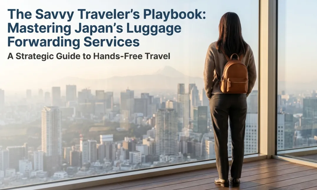 Traveler with backpack overlooking Tokyo skyline, demonstrating Japan luggage forwarding and hands-free travel experience