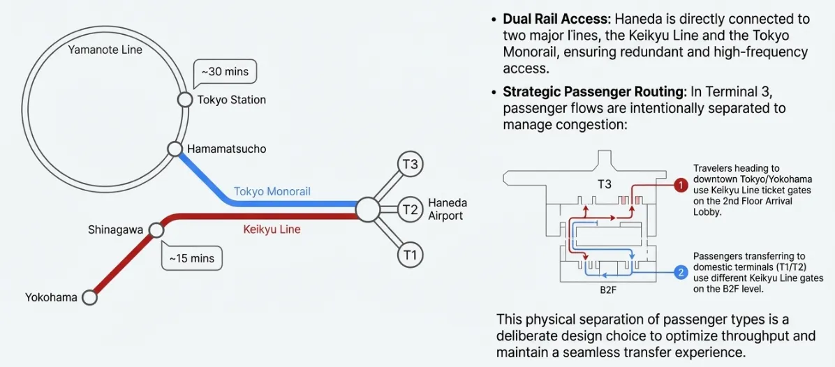 Tokyo Haneda Airport dual rail access showing Tokyo Monorail and Keikyu Line connections