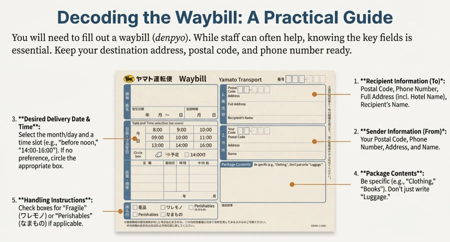 Yamato Transport waybill guide for Japan luggage forwarding showing recipient details, delivery date selection, and handling instructions